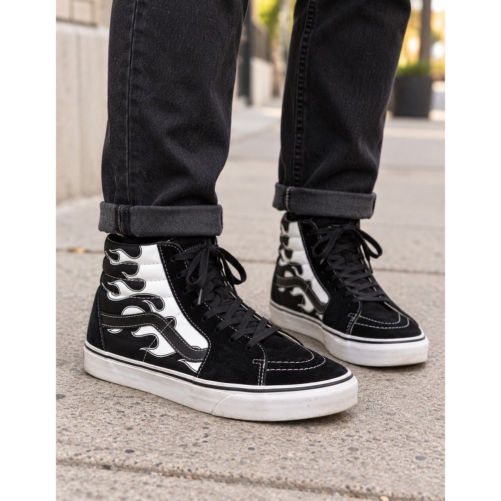 Vans Sk8 Hi Flame Men's 8.5 Women's 10 Black White Skate Shoes New